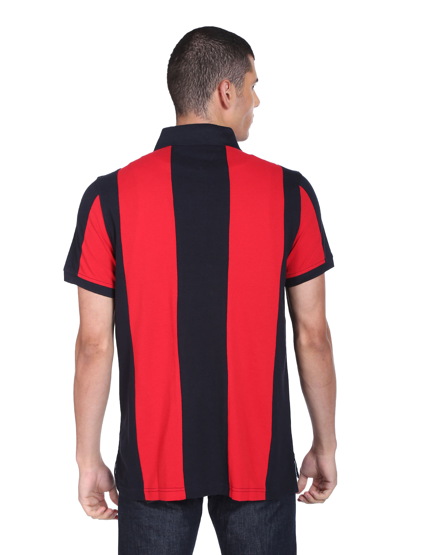 Tommy Hilfiger Men Navy And Red Caldwell Pure Cotton Vertical Stripe Polo Shirt