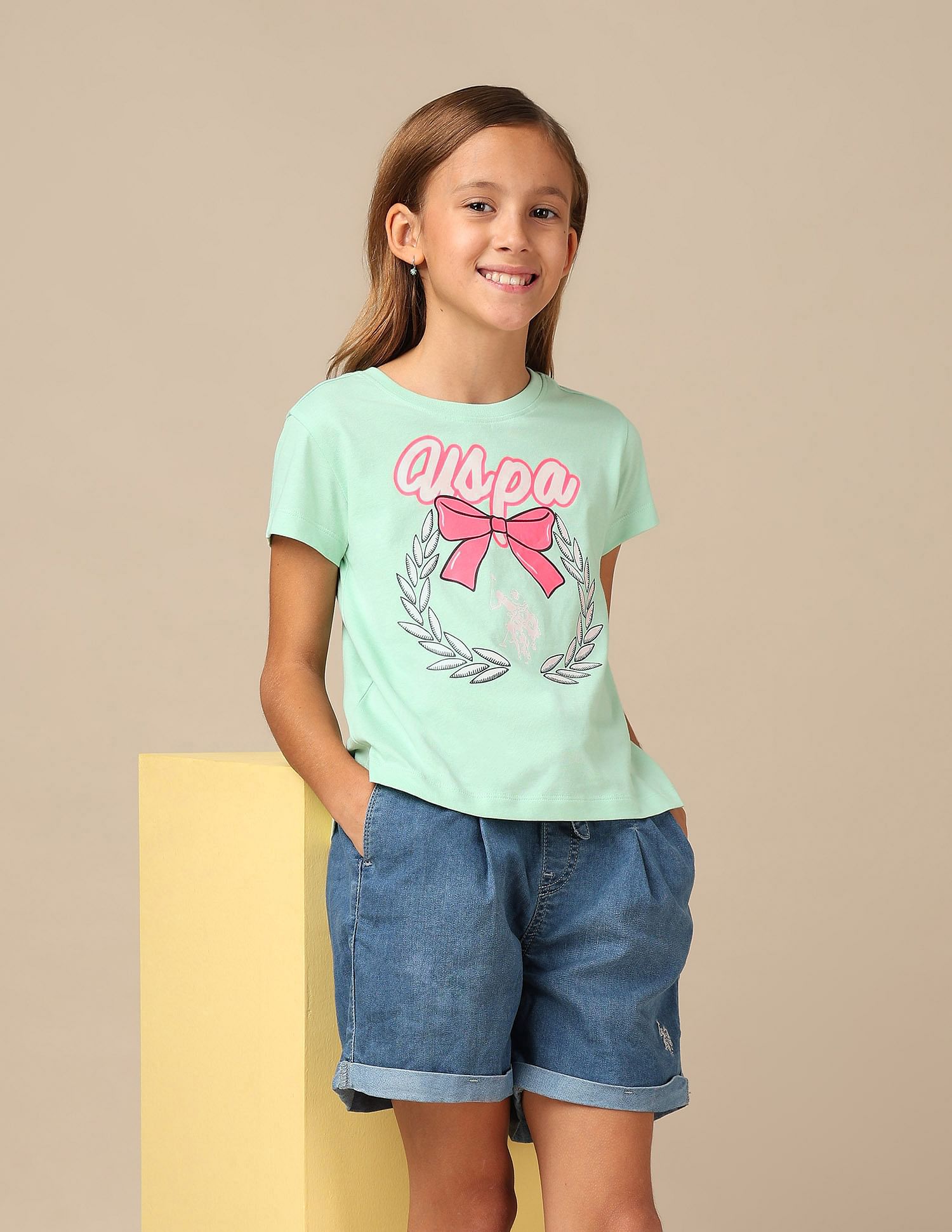 U.S. Polo Assn. Kids Girls Bow Print Relaxed Fit T-Shirt