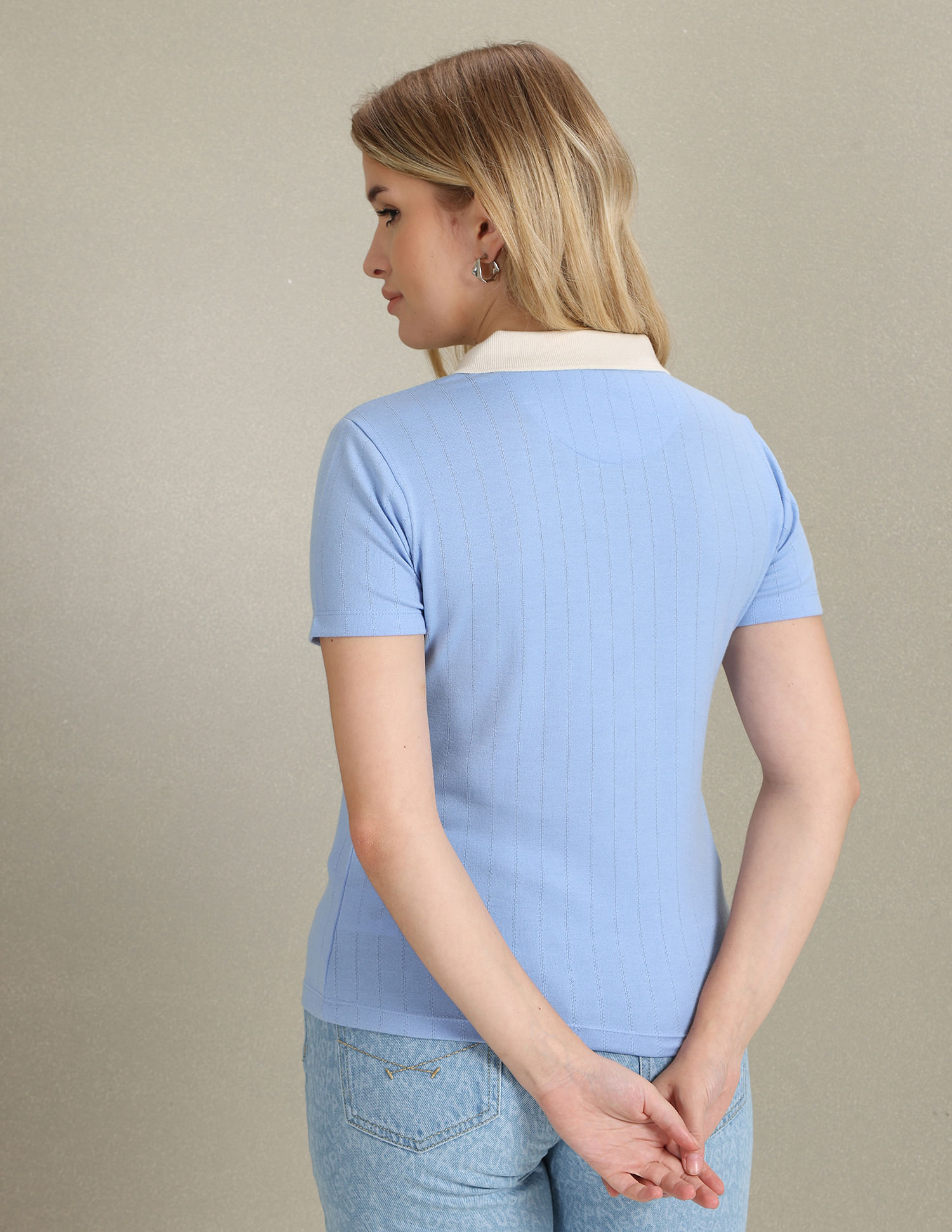U.S. Polo Assn. Women Contrast Collar Vertical Stripe Polo Shirt
