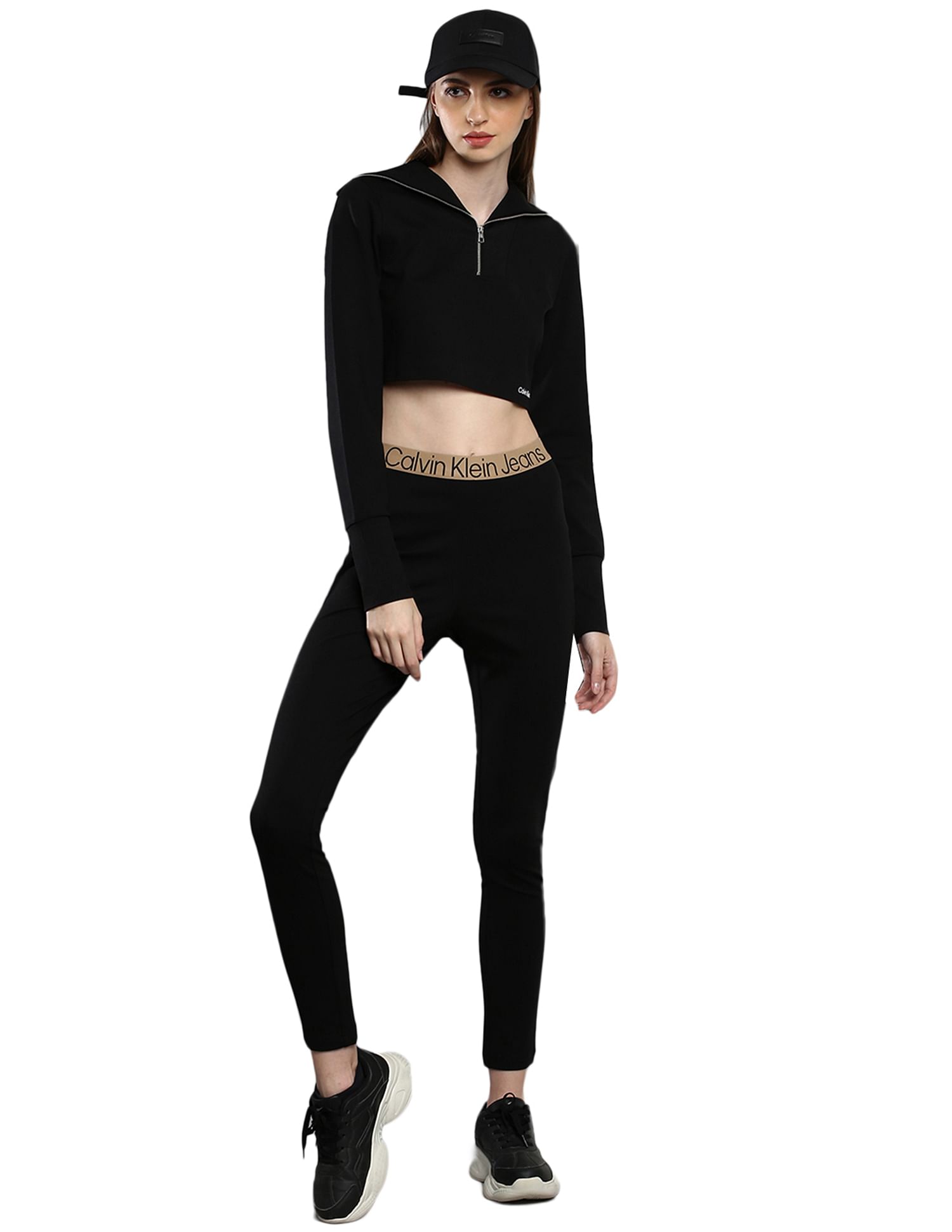Calvin Klein Women Black Sailor Collar Crop T-Shirt