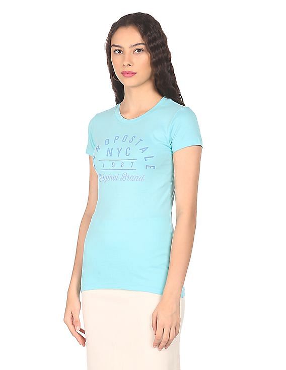 Aeropostale Women Aqua Cotton Brand Print T-Shirt