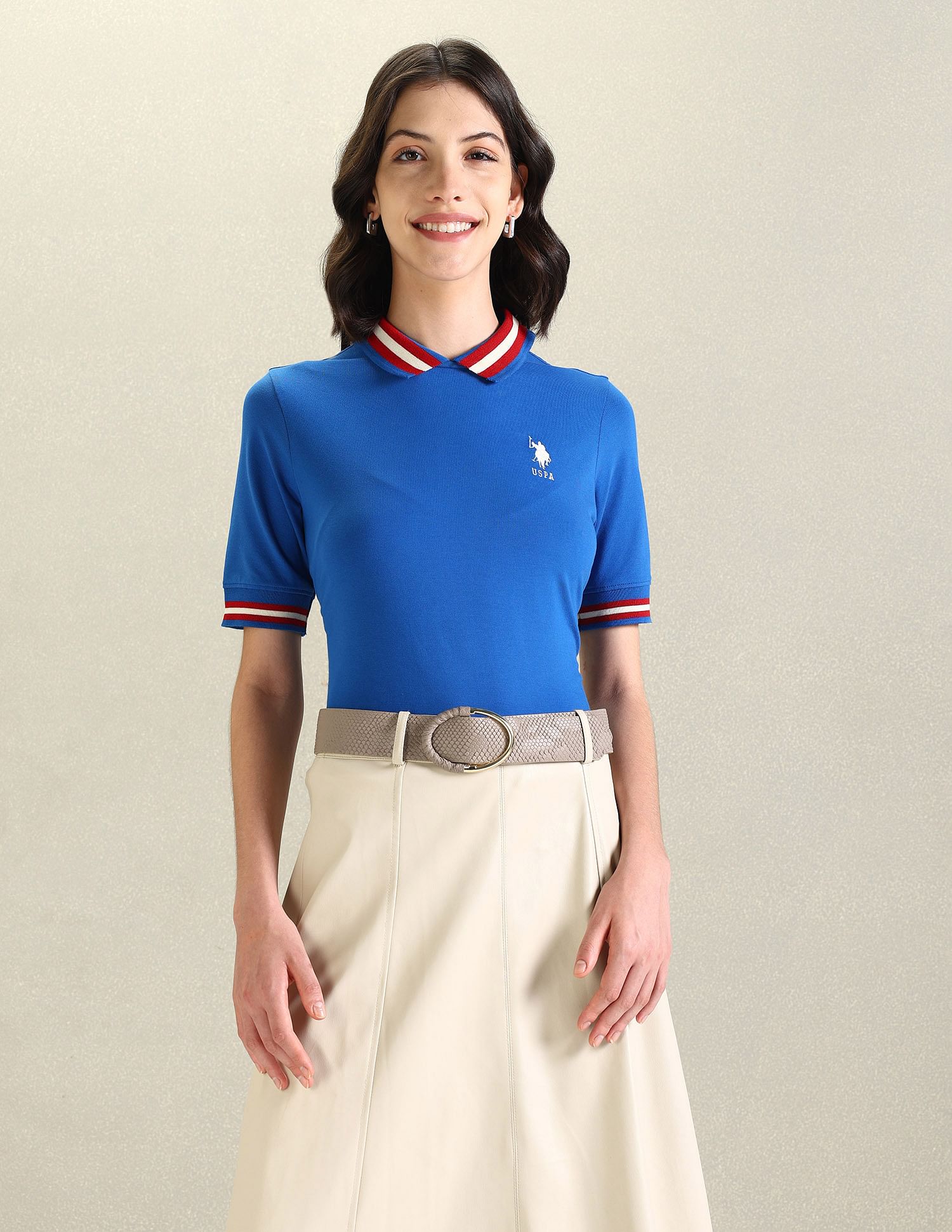 U.S. Polo Assn. Women Striped Collar Pique Polo Shirt