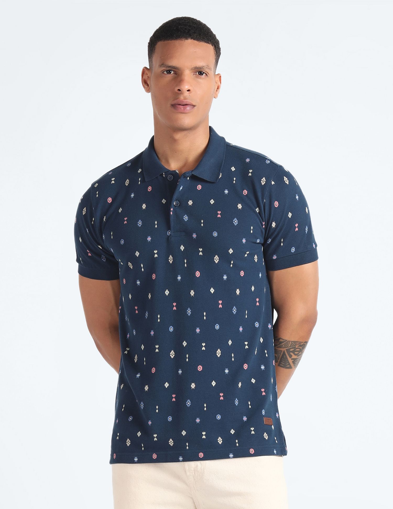 Flying Machine Geometric Print Cotton Polo Shirt