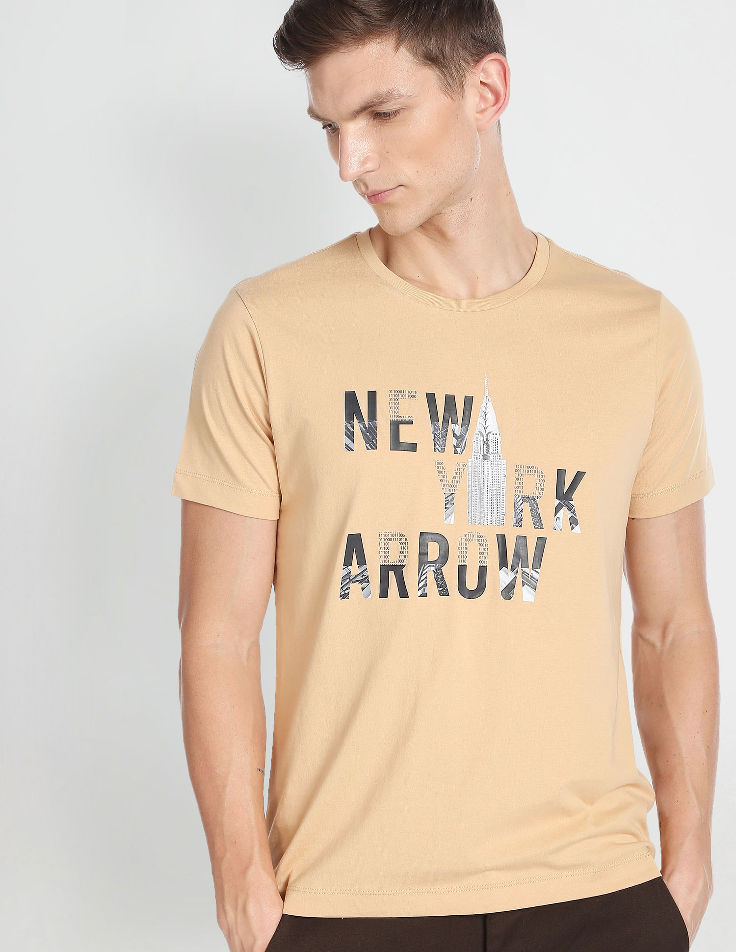 Printed Crew Neck T-shirt, Beige