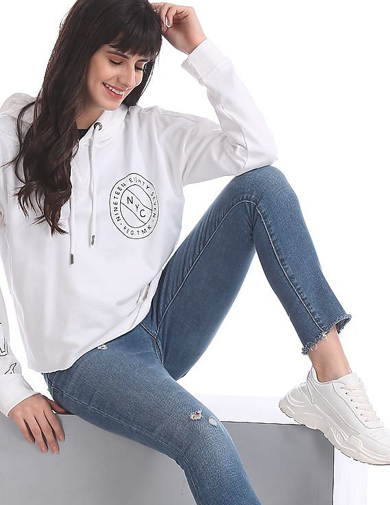 Aeropostale White Drawstring Hood Brand Print Sweatshirt