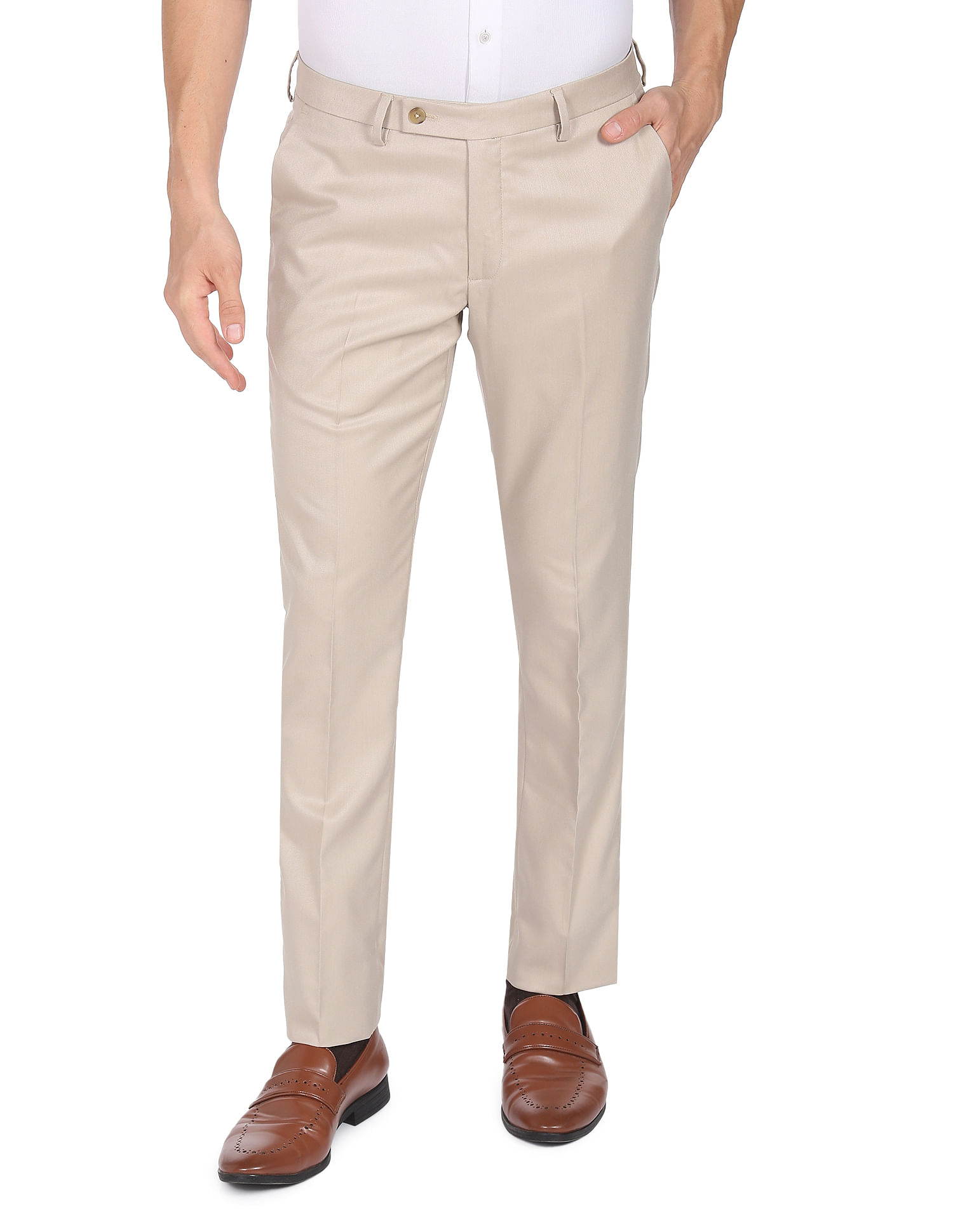Buy Arrow Men Beige Hudson Tailored Fit Smart Flex Formal Trousers   NNNOWcom