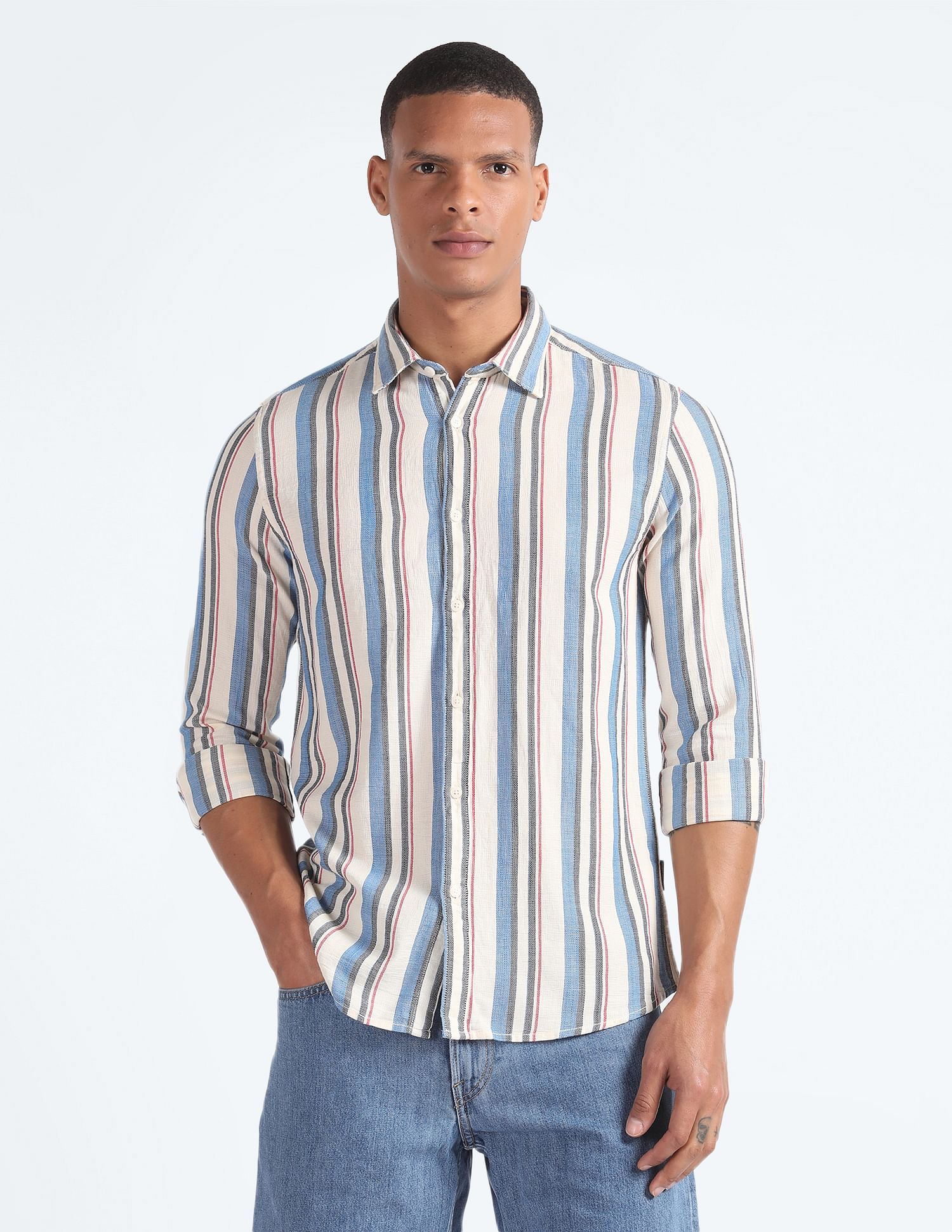 Flying Machine Slub Striped Dobby Shirt