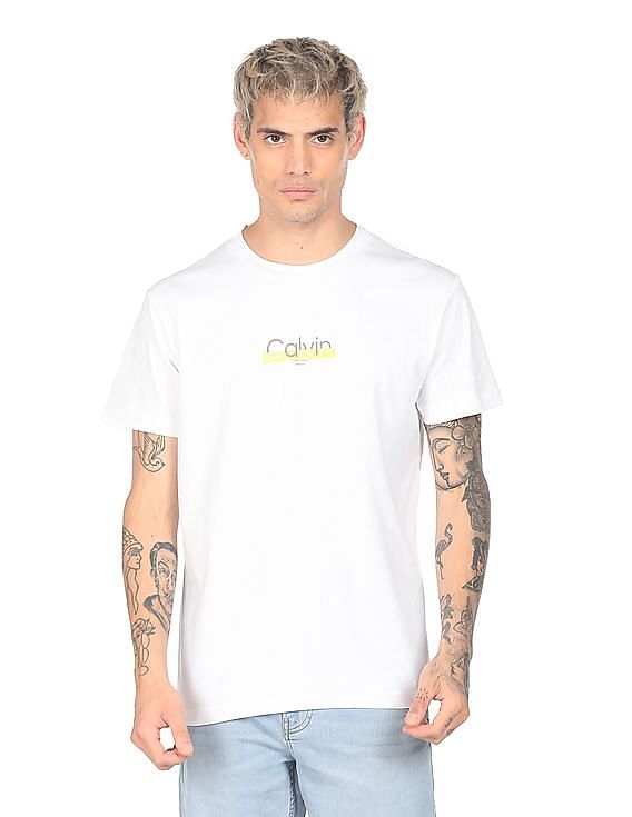 Calvin Klein Men White Round Neck Brand Print T-Shirt