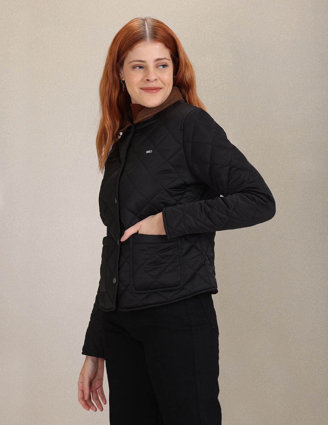 U.S. Polo Assn. Women Contrast Corduroy Collar Solid Quilted Jacket