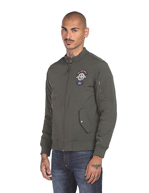 U.S. Polo Assn. Denim Co. Men Olive Mandarin Collar Solid Biker Jacket