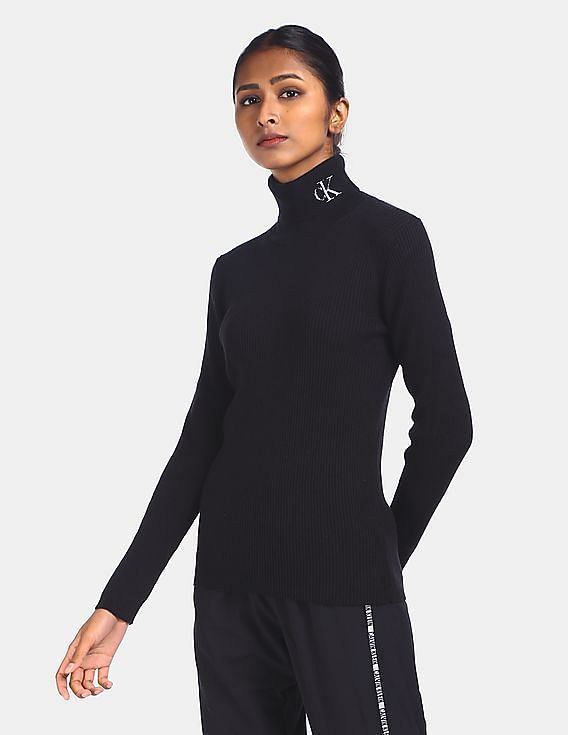 Calvin Klein Women Black Striped High Neck Sweater
