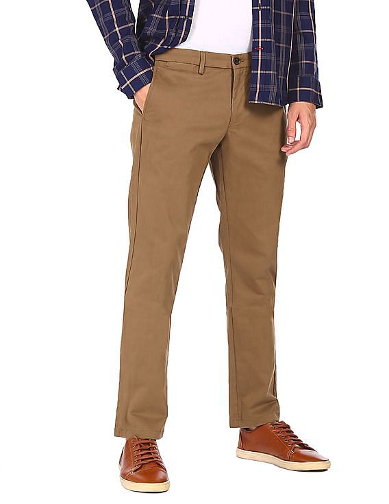 Brown PLAIN Dark Khaki Stretchable Trousers Size 3038 Cotton