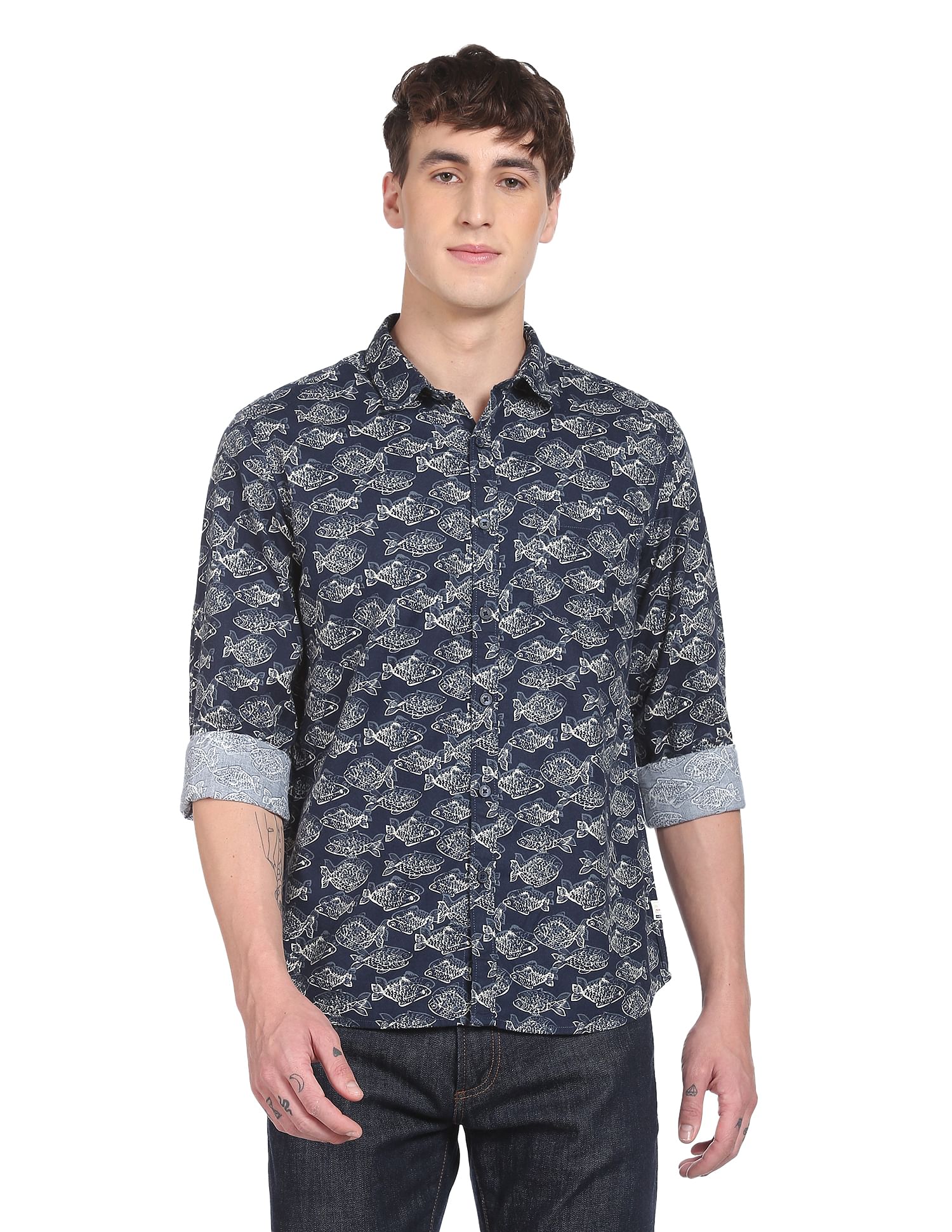 Flying Machine Spread Collar Abstract Print Shirt