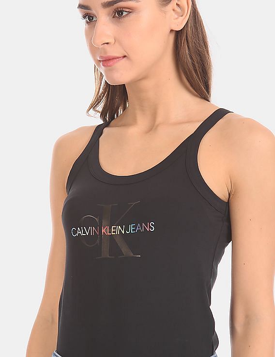 Calvin Klein Underwear Women Black Monogram Logo Print Cotton Bodysuit