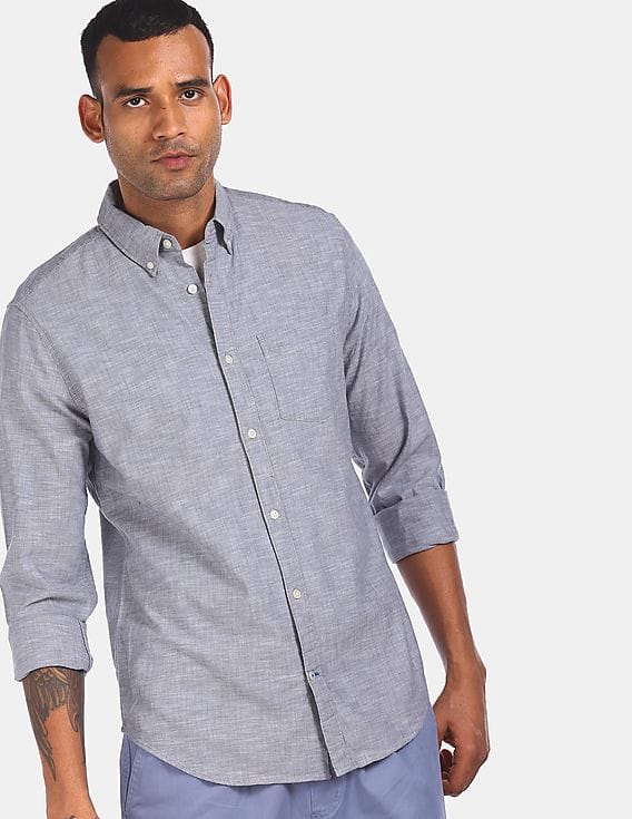 Buy GAP Men Grey Button-Down Collar Chambray Casual Shirt