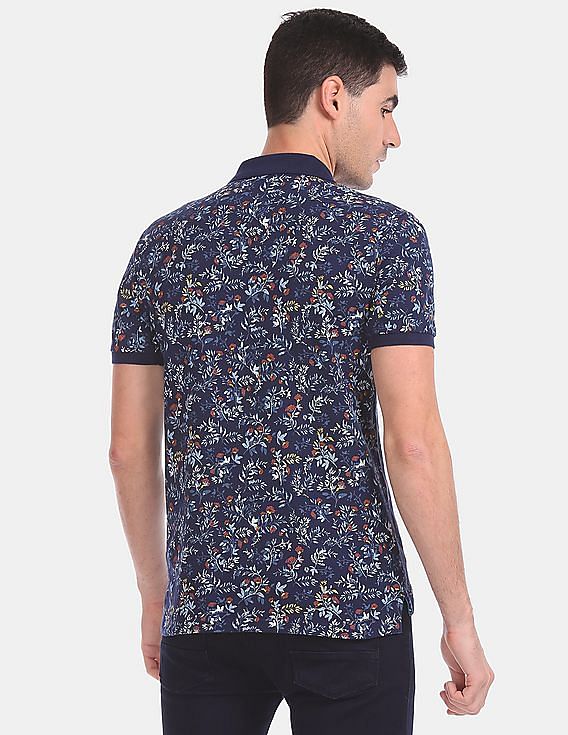 U.S. Polo Assn. Men Blue Printed Cotton Stretch Polo Shirt