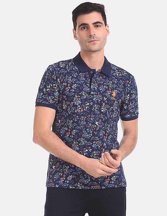 U.S. Polo Assn. Men Blue Printed Cotton Stretch Polo Shirt