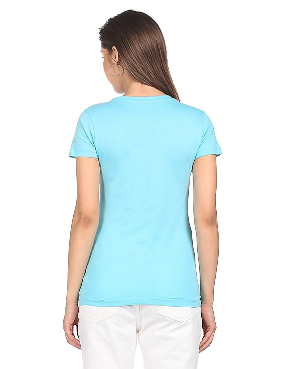 Aeropostale Women Aqua Cotton Brand Print T-Shirt