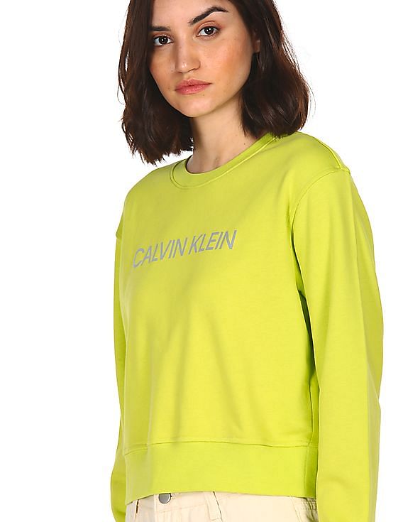 Buy Calvin Klein Women Lime Green Crew Neck Logo Sweatshirt 