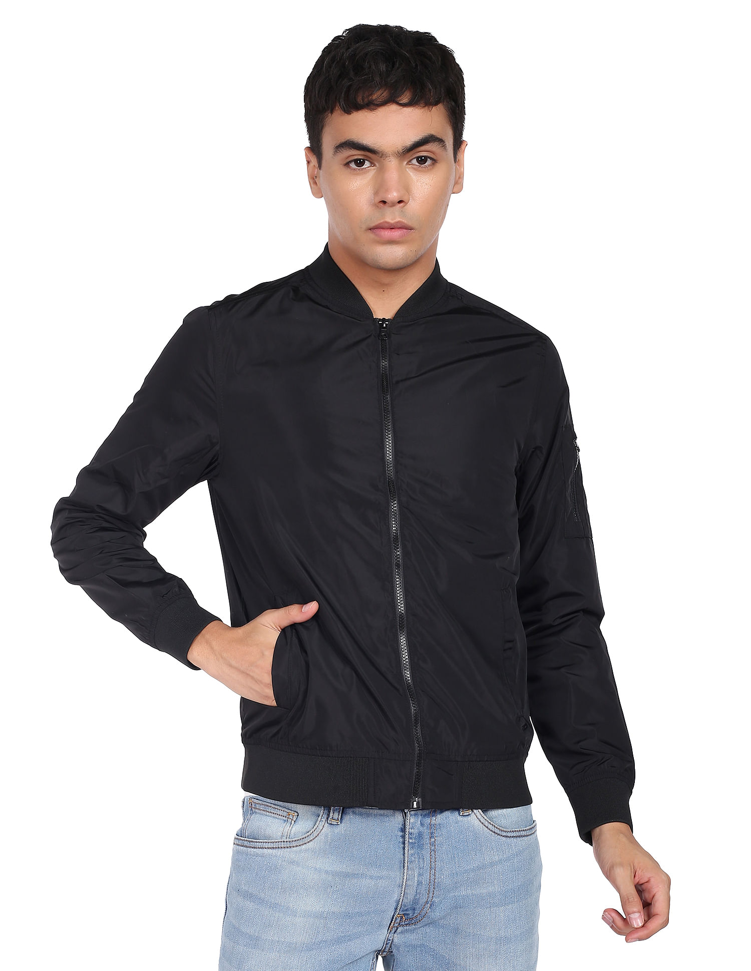 Flying Machine Stand Collar Solid Casual Jacket