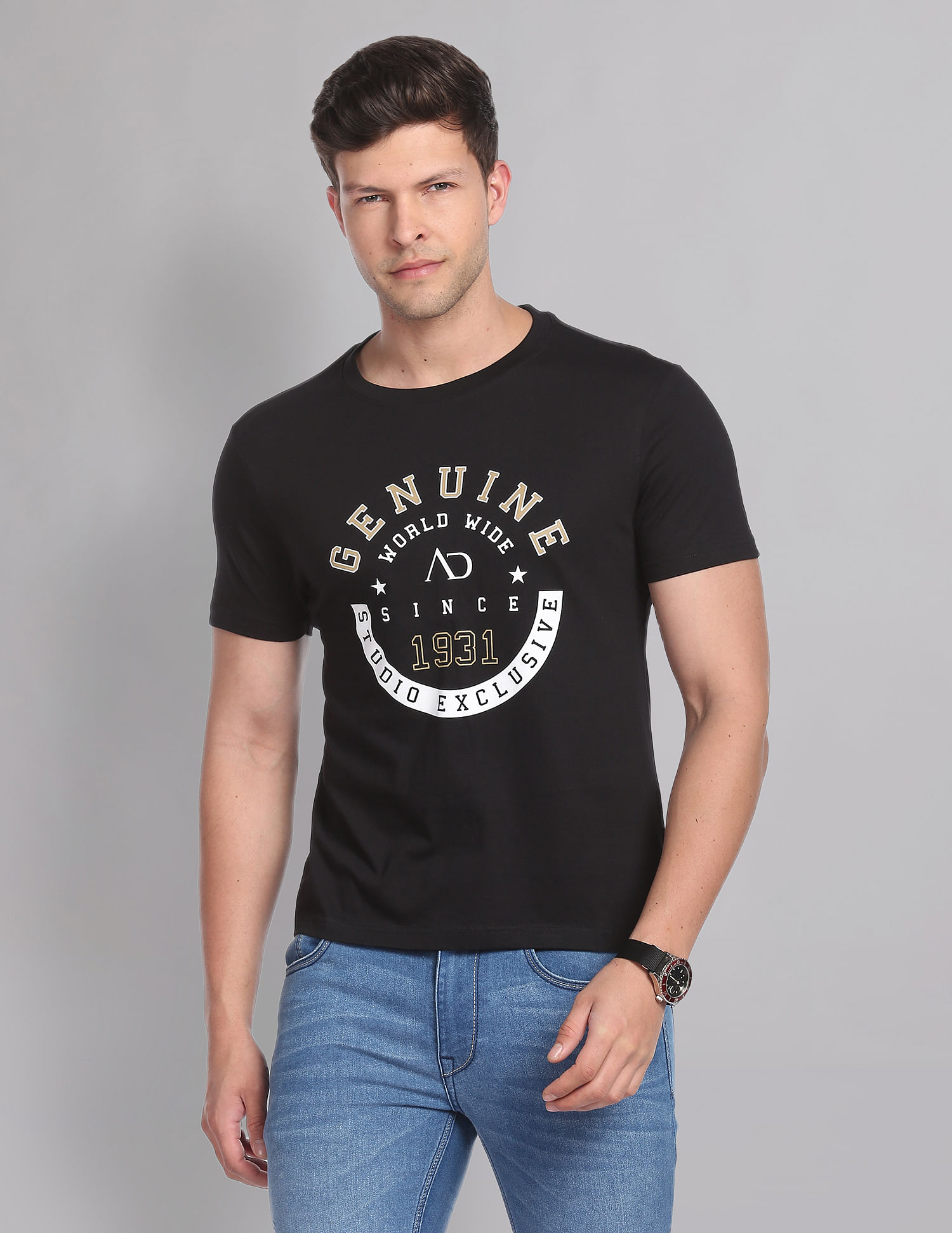 AD by Arvind Crew Neck Graphic Print T-Shirt