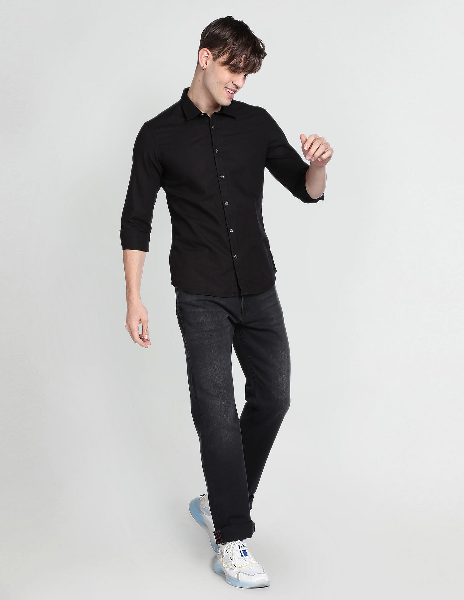 Flying Machine Spread Collar Solid Shirt