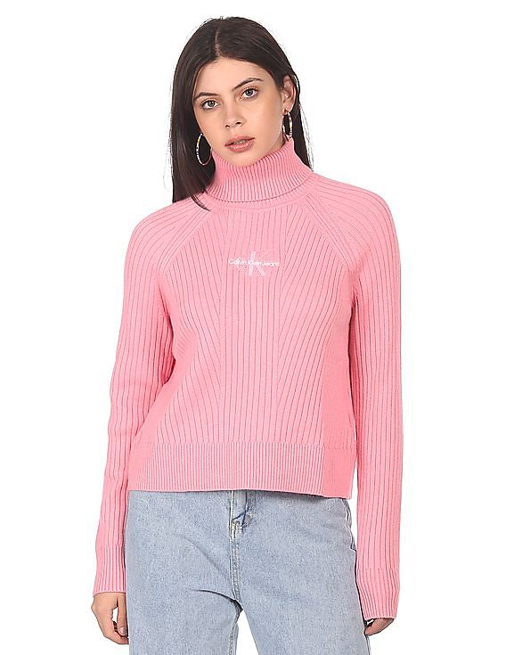 Calvin Klein Jeans Women Pink Turtle Neck Embroidered Monogram Sweater