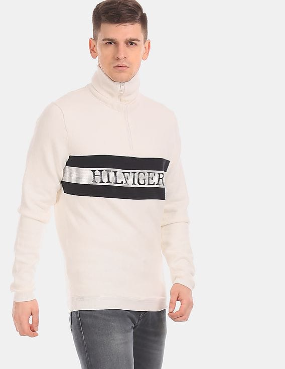 Buy Tommy Hilfiger Men Off White Mock Neck Brand Stripe Sweater