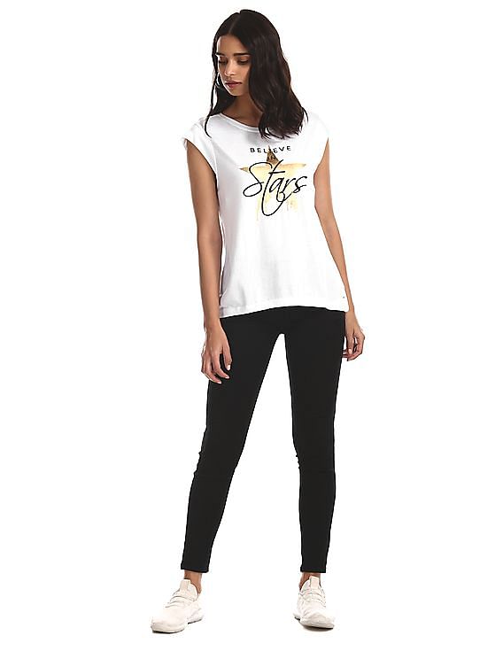 Buy Flying Machine Women Metallic Print Cap Sleeve T-Shirt - NNNOW.com