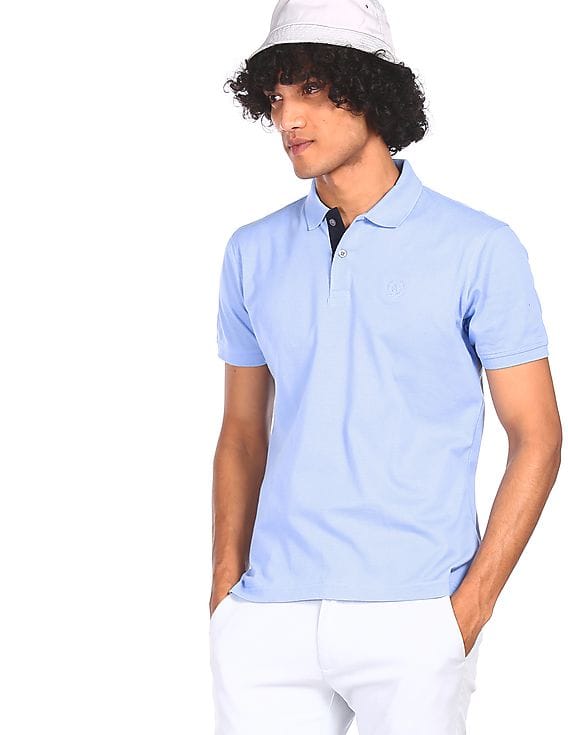 Men Blue Cotton Pique Solid Polo Shirt 