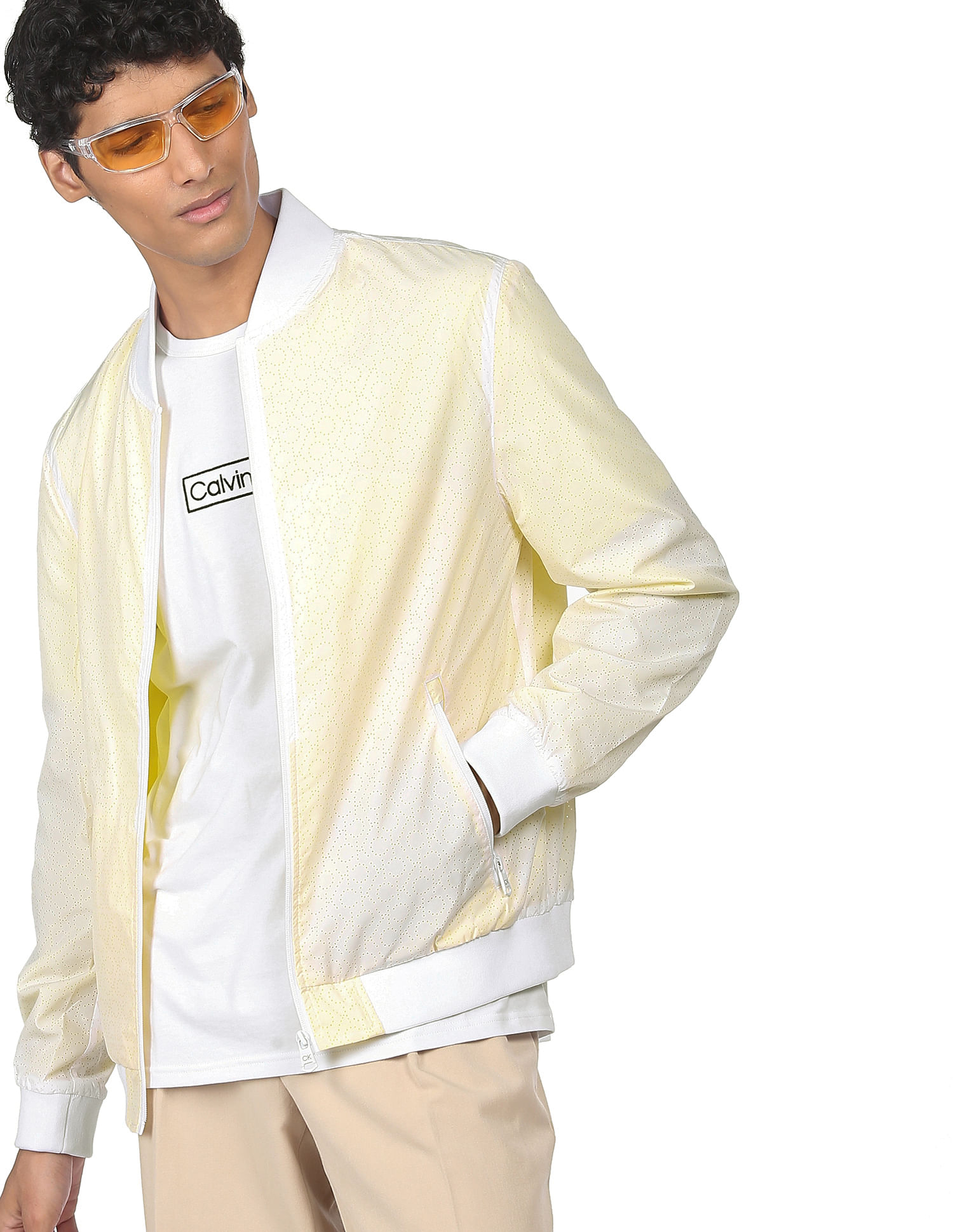 Buy Calvin Klein Men White And Yellow Polyester Perforated Bomber Jacket -  