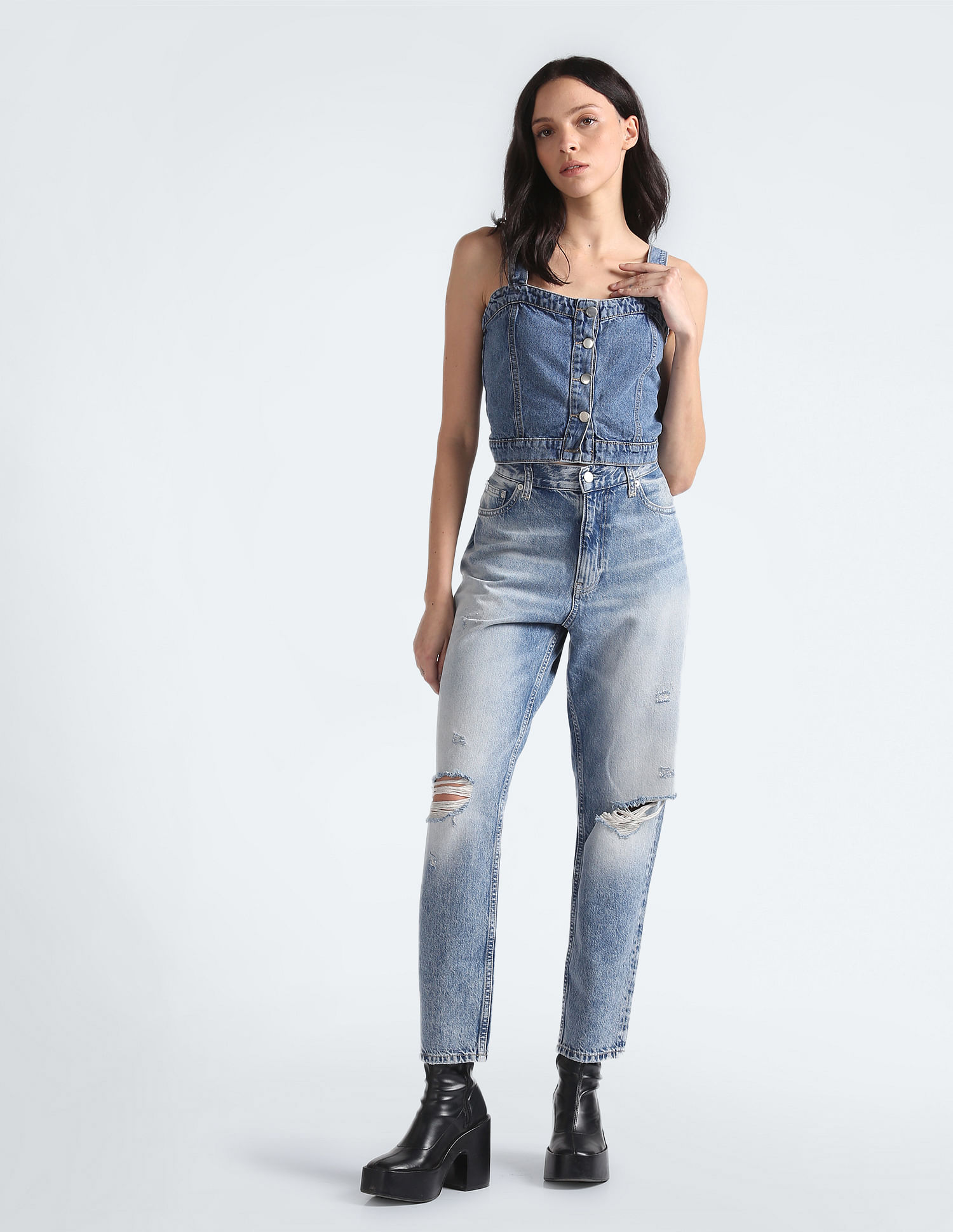 Calvin Klein Mid Rise Distressed Mom Jeans