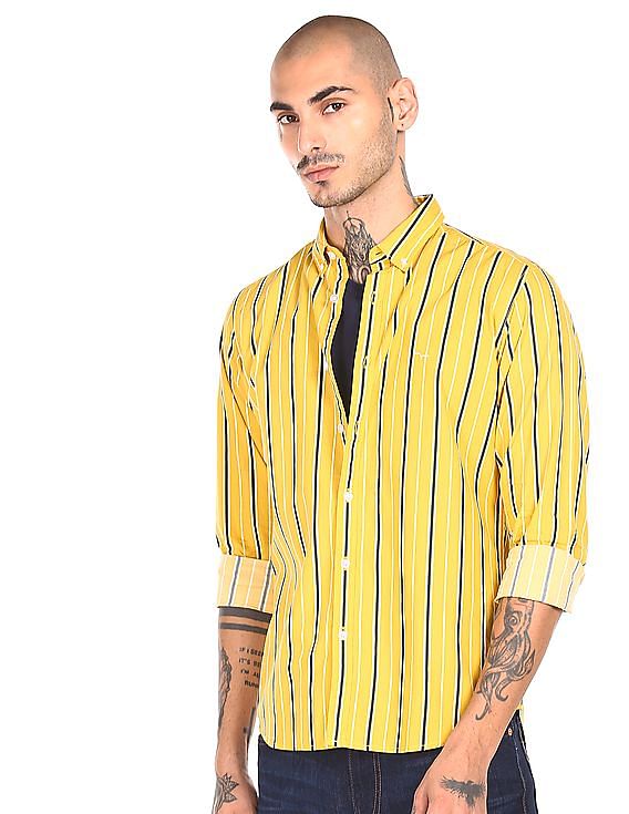 yellow striped button up shirt mens