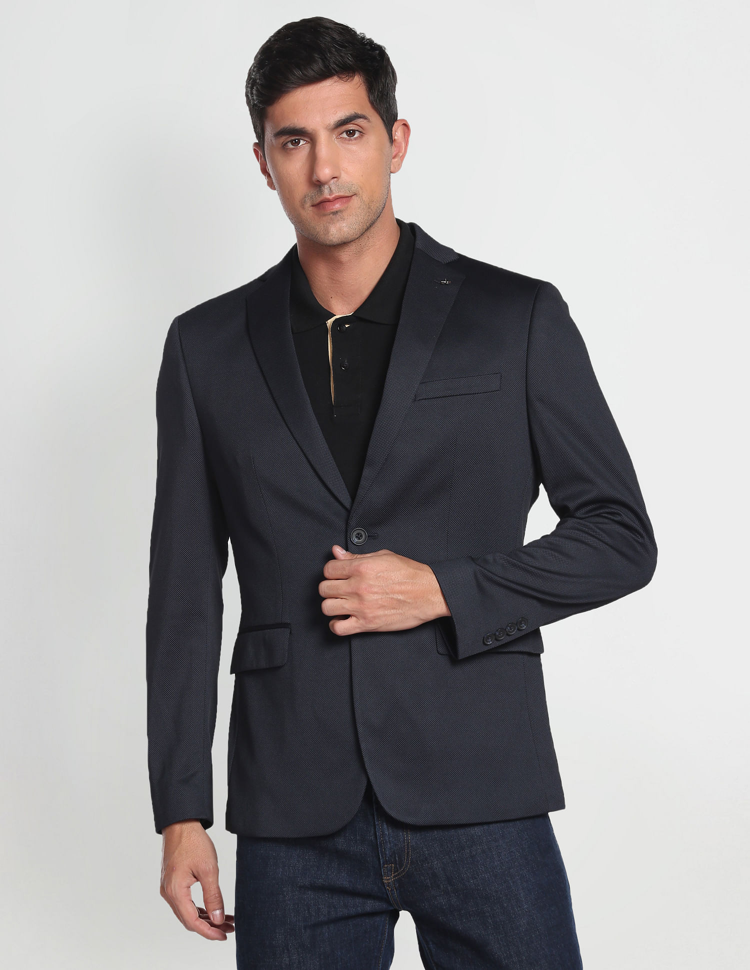 Arrow Patterned Knit Polyester Slim Fit Blazer