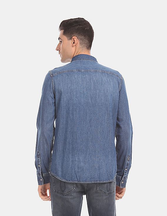 Calvin Klein Men Dark Blue Washed Iconic Denim Double Patch Pocket Casual Shirt