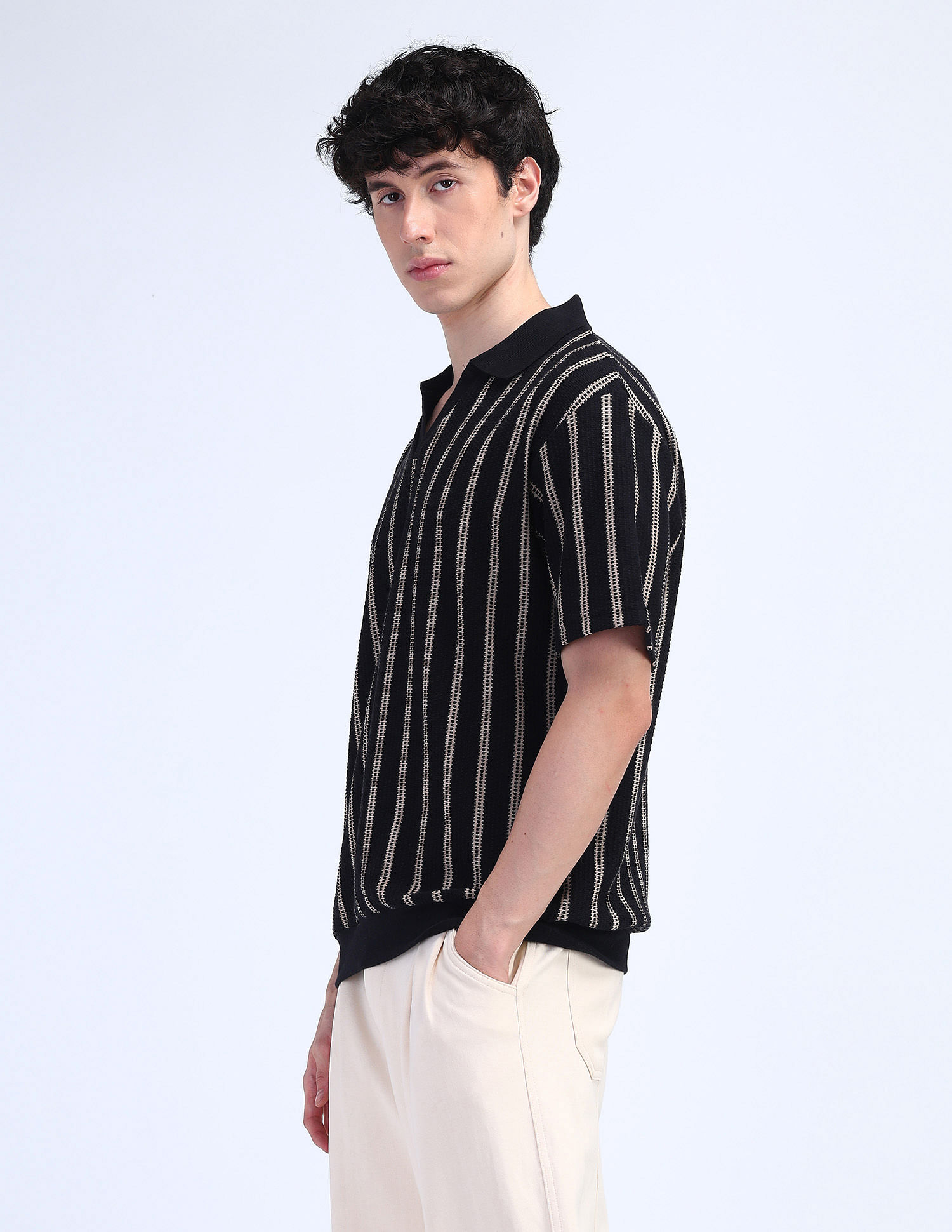 Flying Machine Vertical Striped Relaxed Polo Shirt