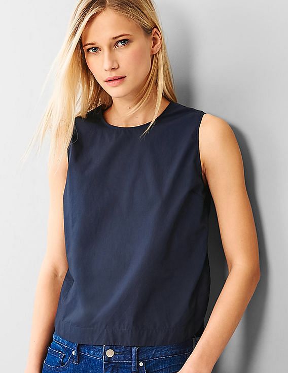 GAP Women Blue Poplin Sleeveless Top