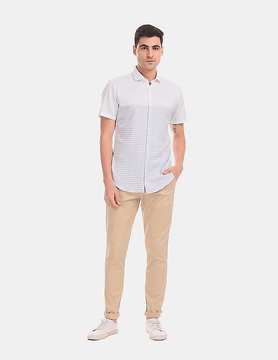 Calvin Klein Men White Short Sleeve Horizontal Cut And Sew Stripe Casual Shirt