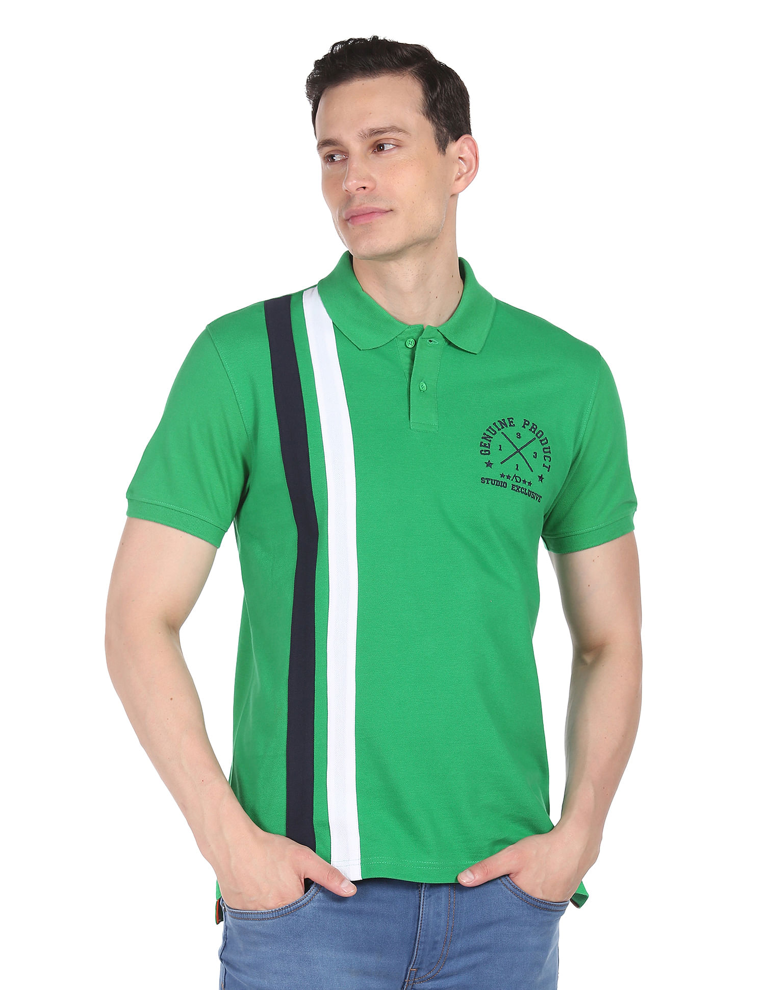 AD by Arvind Cotton Vertical Stripe Polo Shirt