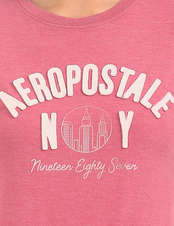 Aeropostale Women Pink Crew Neck Logo Applique Jersey T-Shirt