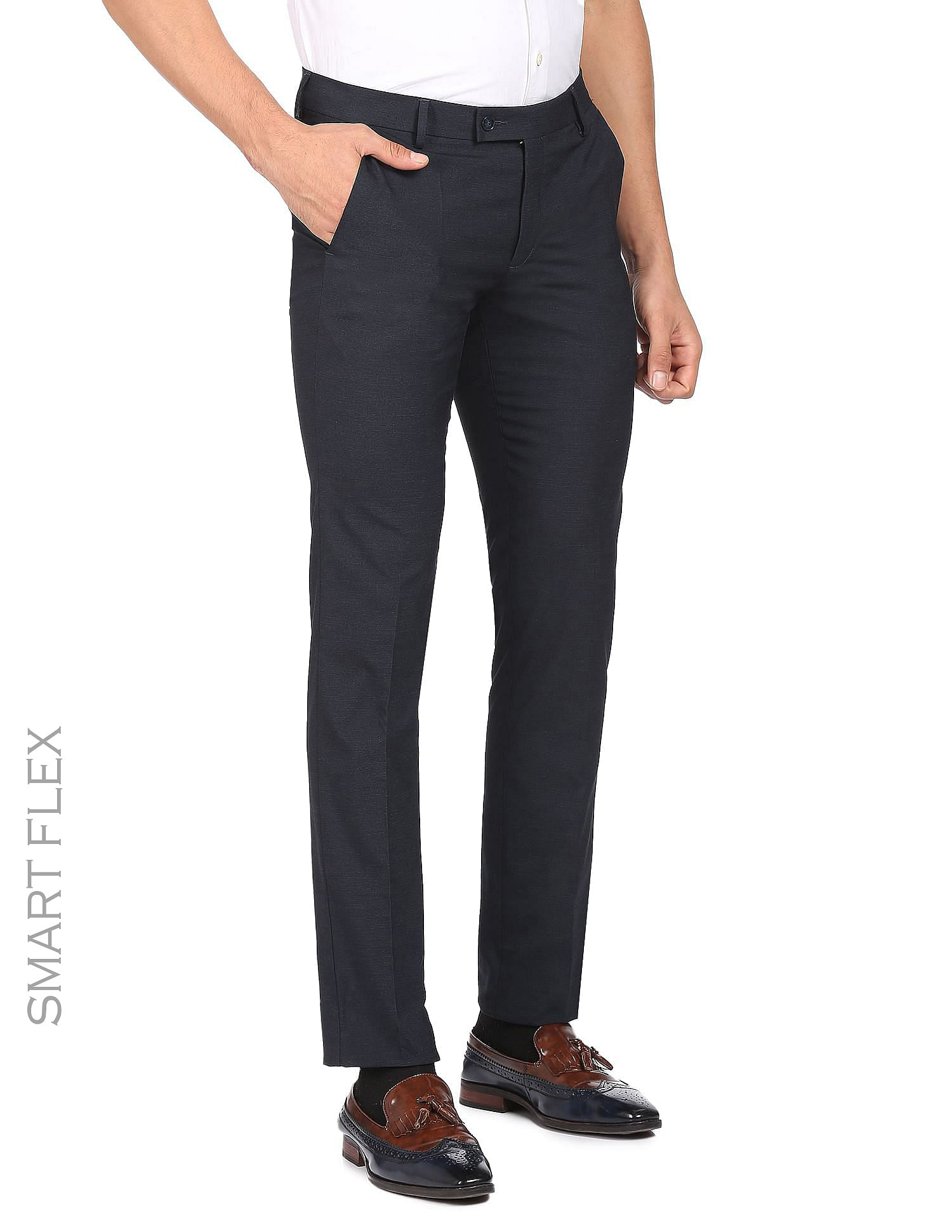 Buy Arrow Men Dark Blue Hudson Tailored Fit Solid Smart Flex Formal Trousers   NNNOWcom