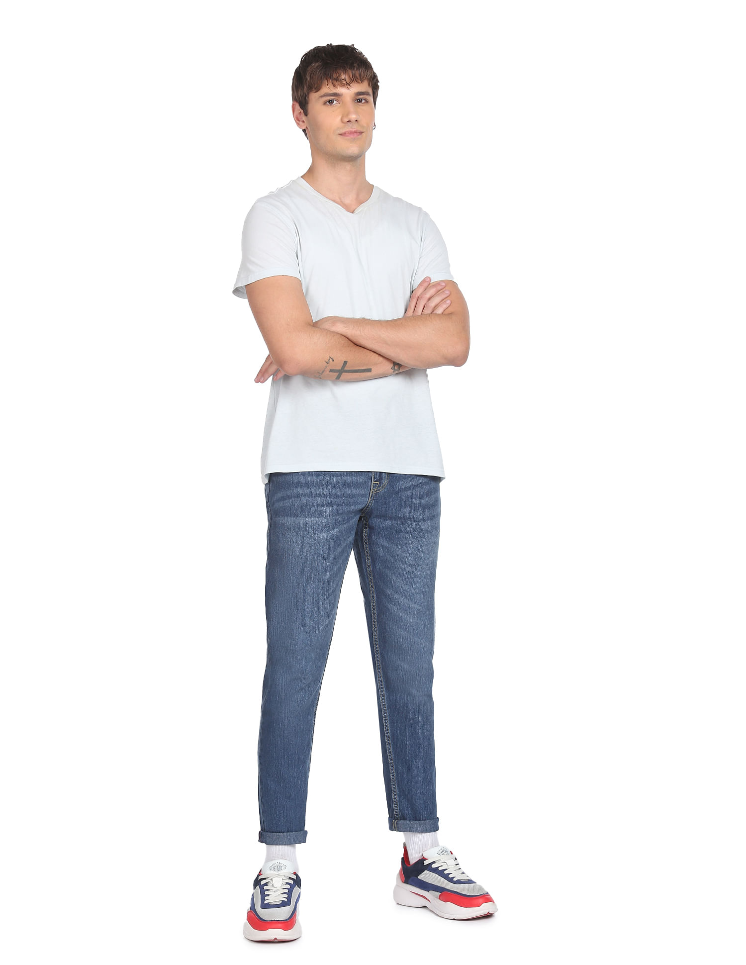 Flying Machine Stone Wash Slash Slim Tapered Fit Jeans