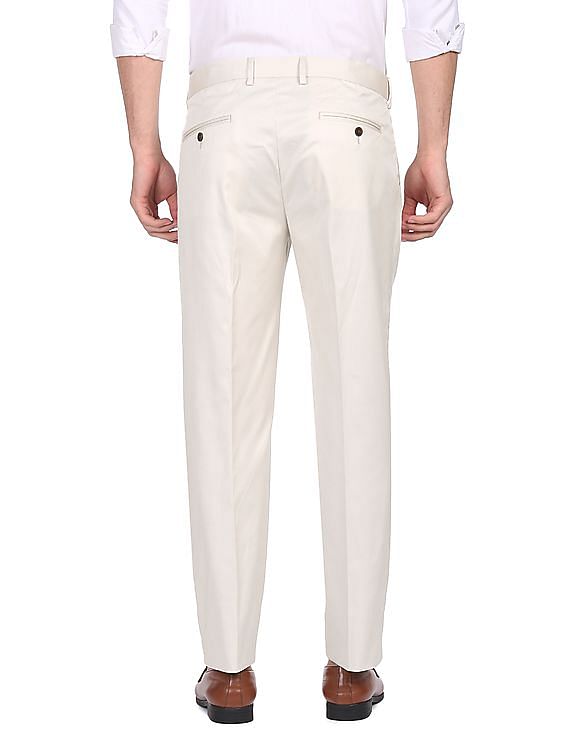 Mens Off White Polyester Blend Solid MidRise Formal Trouser
