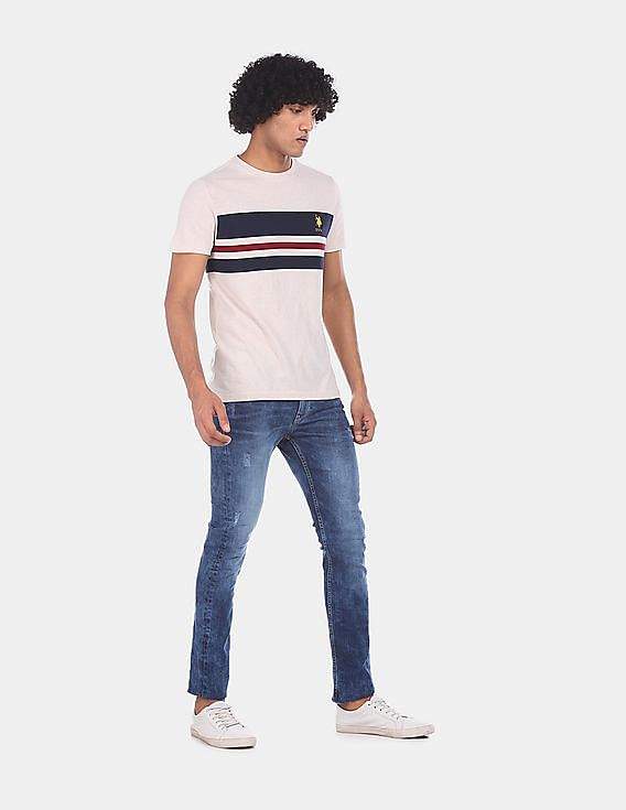 U.S. Polo Assn. Men Off White Cotton Striped T-Shirt