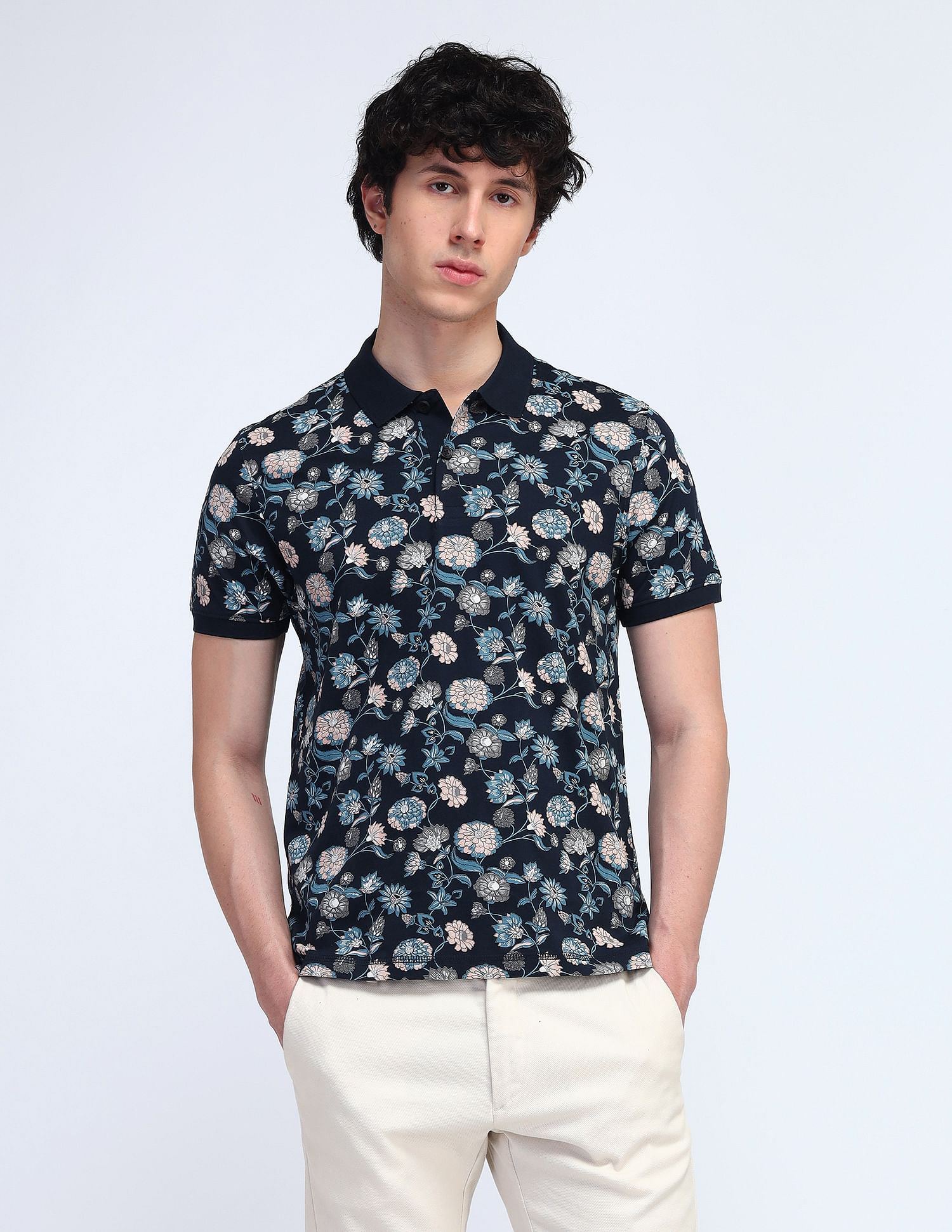 Flying Machine Floral Printed Cotton Polo Shirt