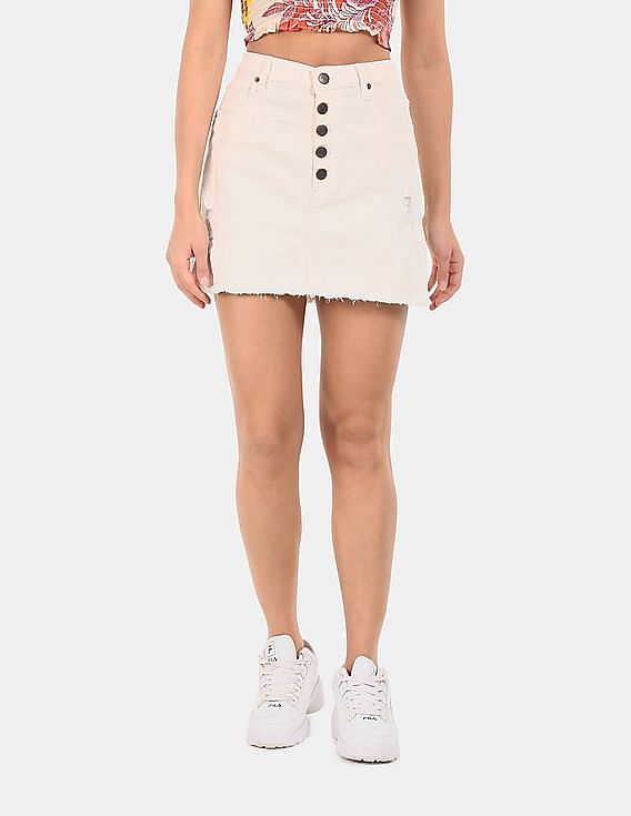 Aeropostale Women White Distressed Denim Skirt