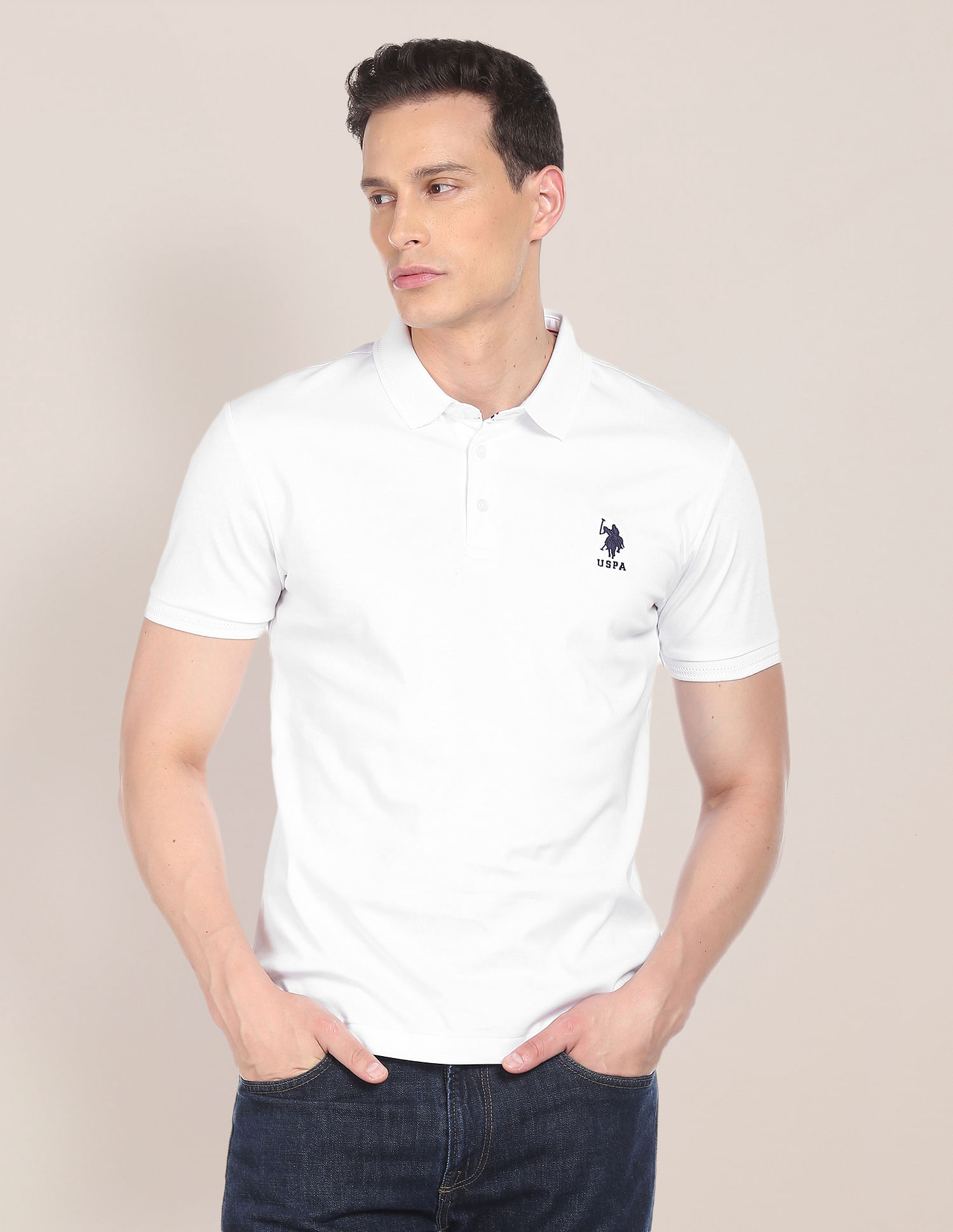 U.S. Polo Assn. Men White Solid Cotton Polo Shirt