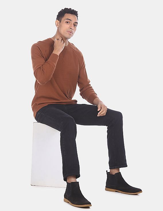 GAP Men Brown Ribbed Crew Neck Solid Sweater