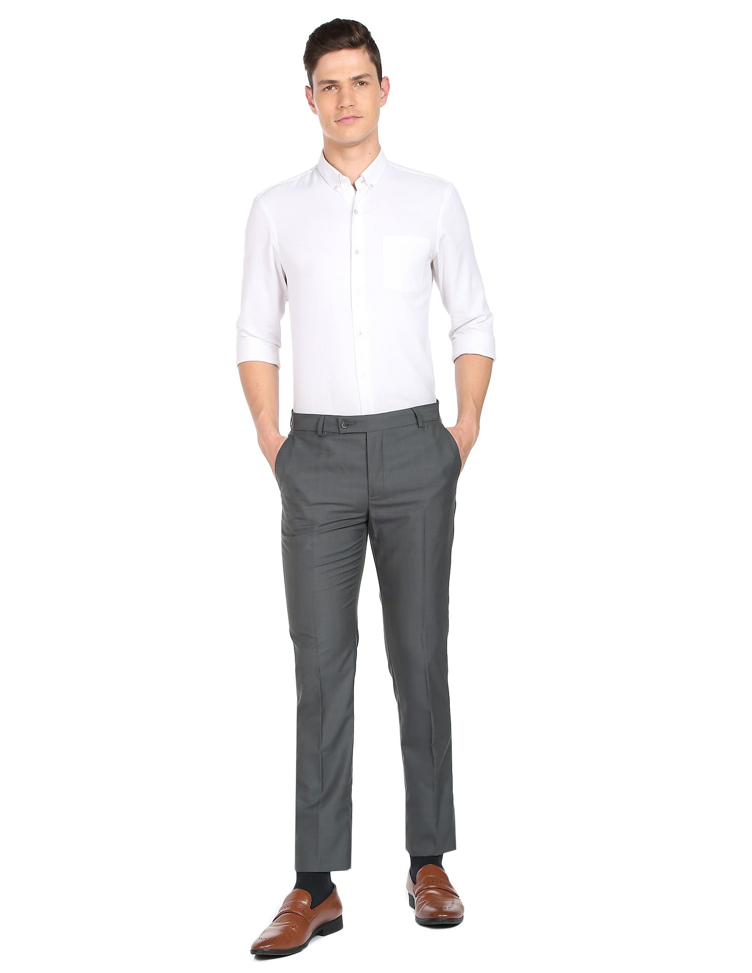 Buy Men Grey Slim Fit Check Flat Front Casual Trousers Online - 742618 |  Louis Philippe