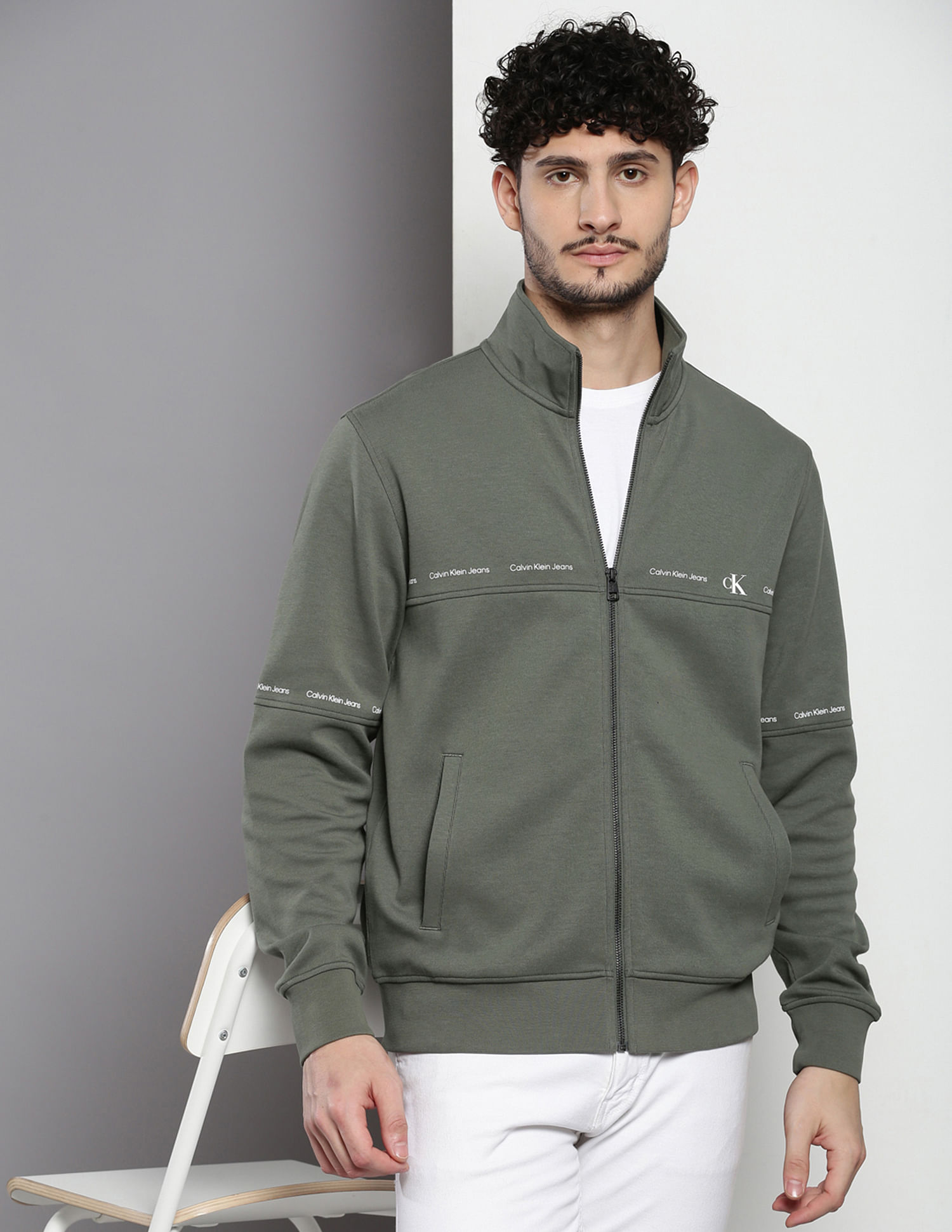 Calvin Klein High Neck Solid Zip Through Sweatshirt